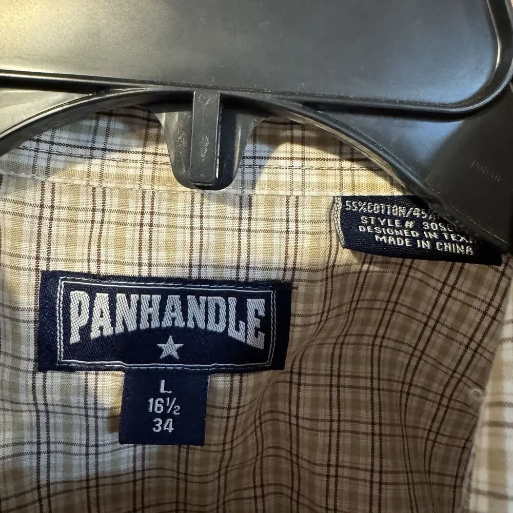 Panhandle Slim Shirt Mens Large 16.5 Pearl Snap Western Plaid Tan Brown Blend